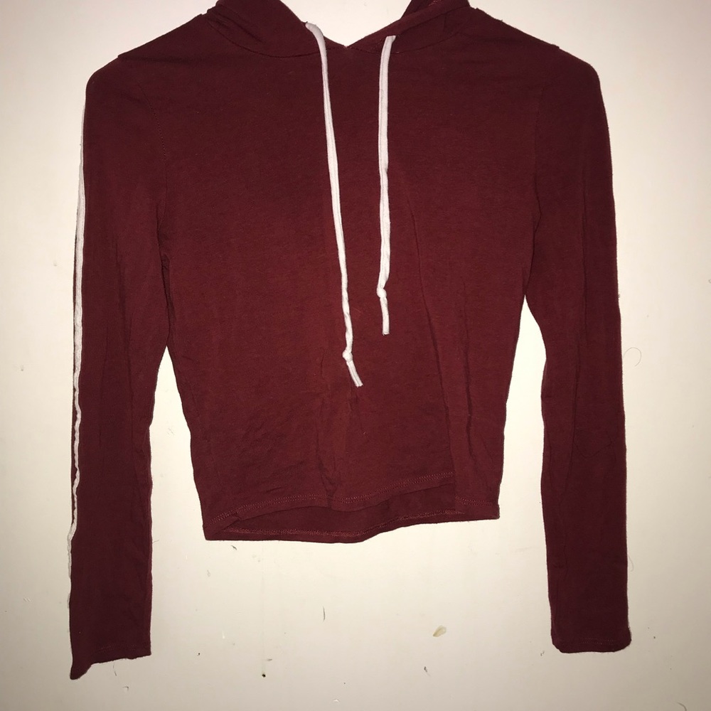Red Long Sleeve Hooded Crop Top w/ White Stripes